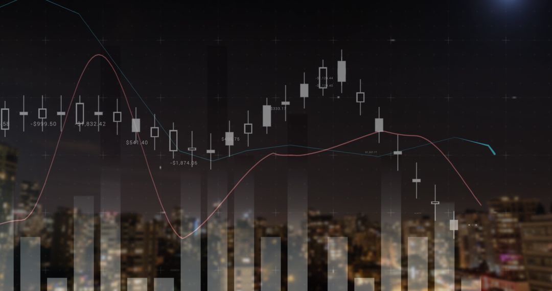 City Skyline with Financial Chart and Candlesticks at Night