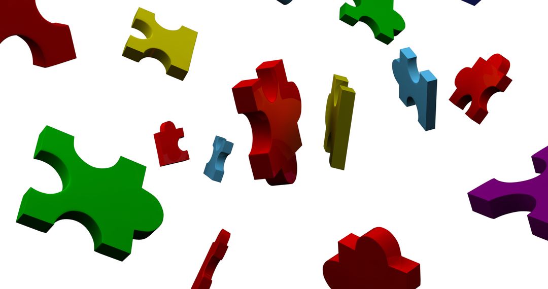 Colored Puzzle Pieces Falling on White Background