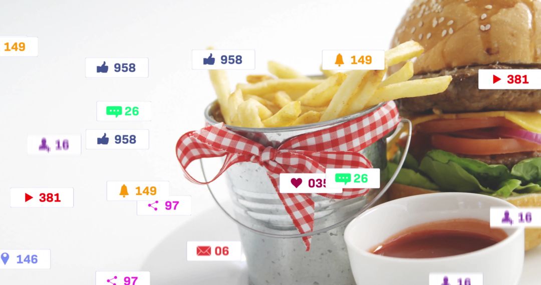 Gourmet Burger and Fries with Social Media Interactions Icons