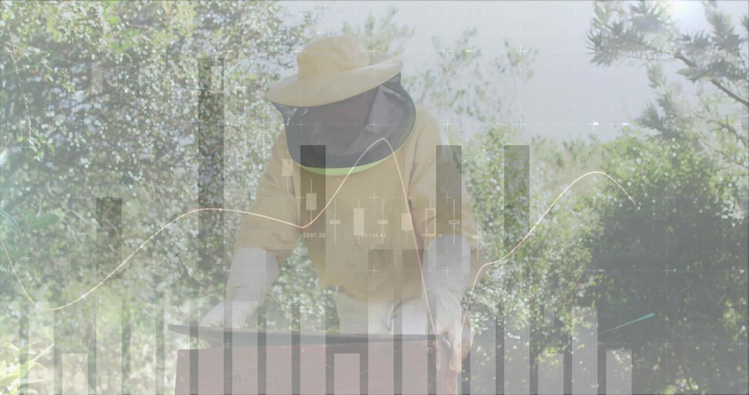 Senior Beekeeper with Financial Data Overlay in Nature