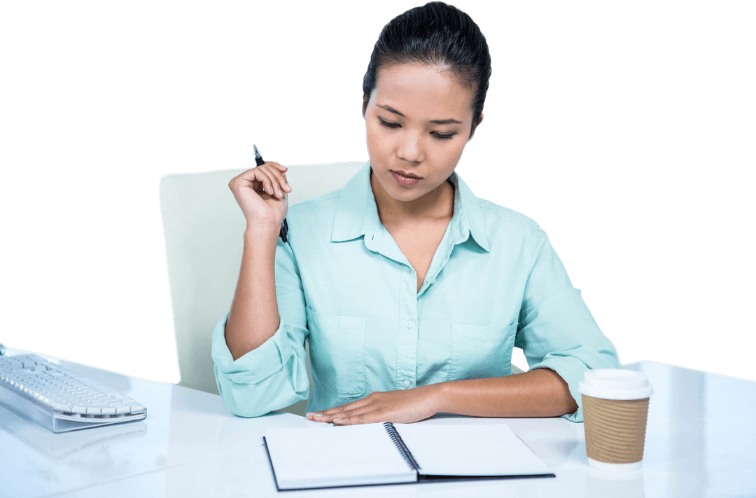 Transparent Businesswoman Contemplating Notes at Desk