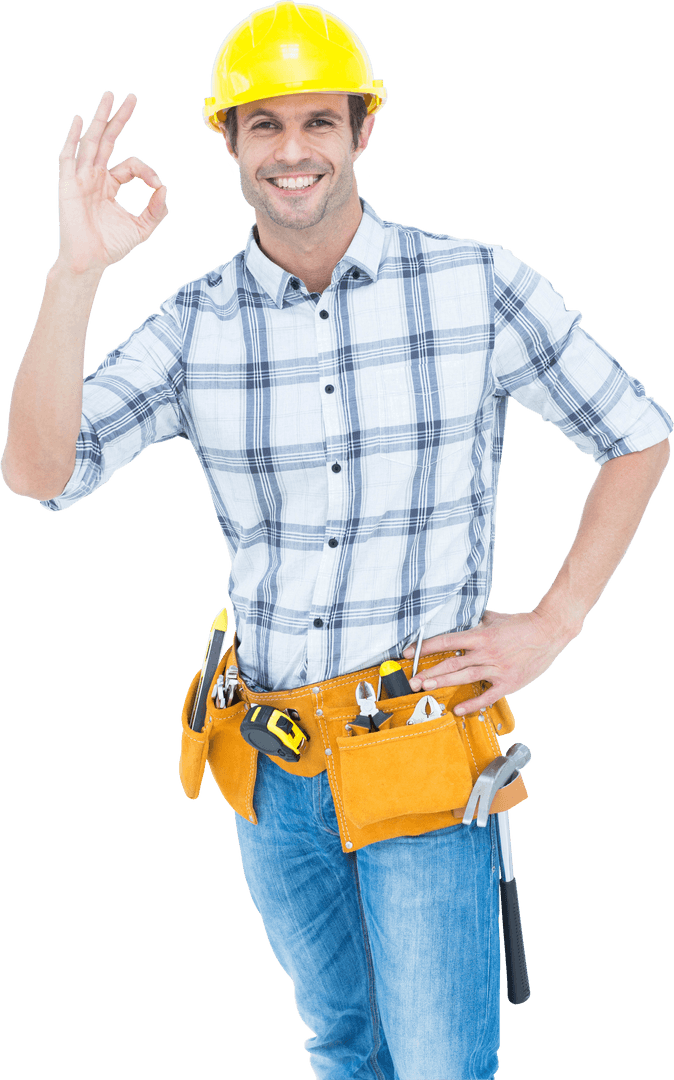 Smiling Handyman Giving OK Gesture on Transparent Background