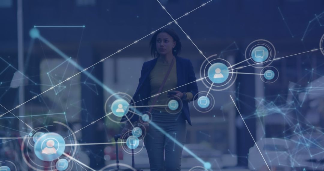 Businesswoman Navigating Global Digital Network with Mobile Connectivity