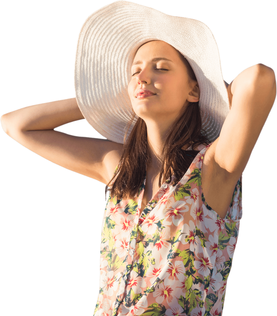 Closeup of Young Woman Relaxing in Sun Hat with Eyes Closed on Transparent Background