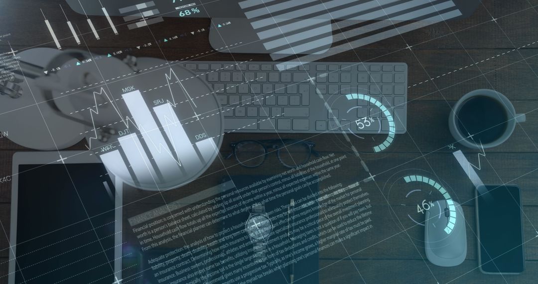Financial Analytics and Tech Devices on Desk with Digital Interface