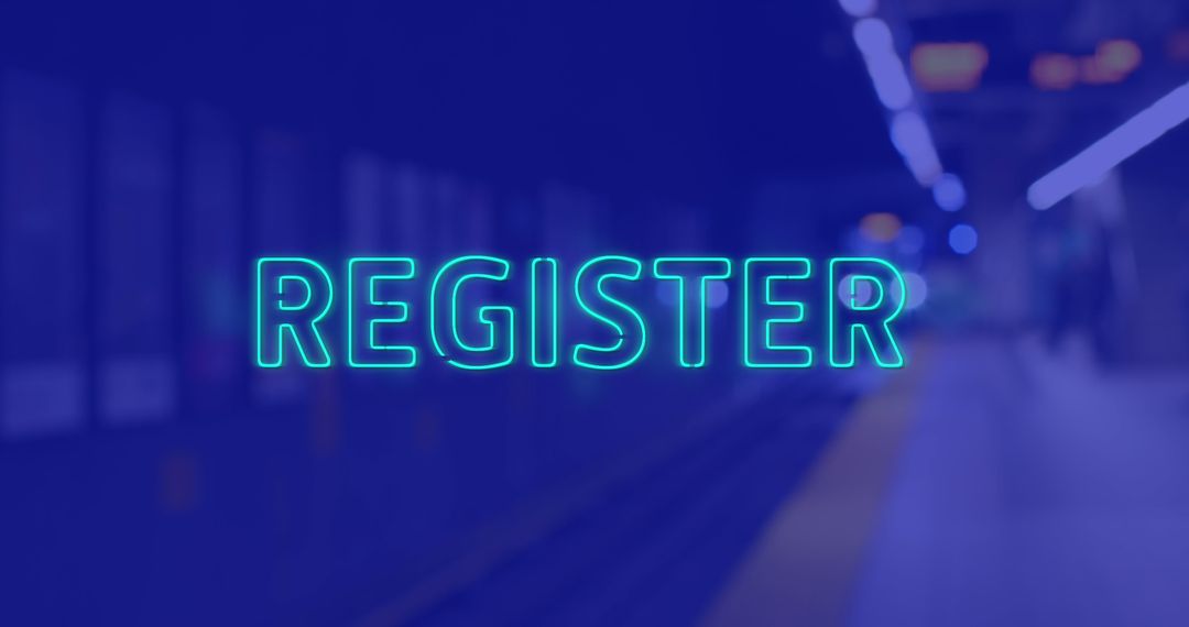 Register Neon Text Digital Design with Blue Background