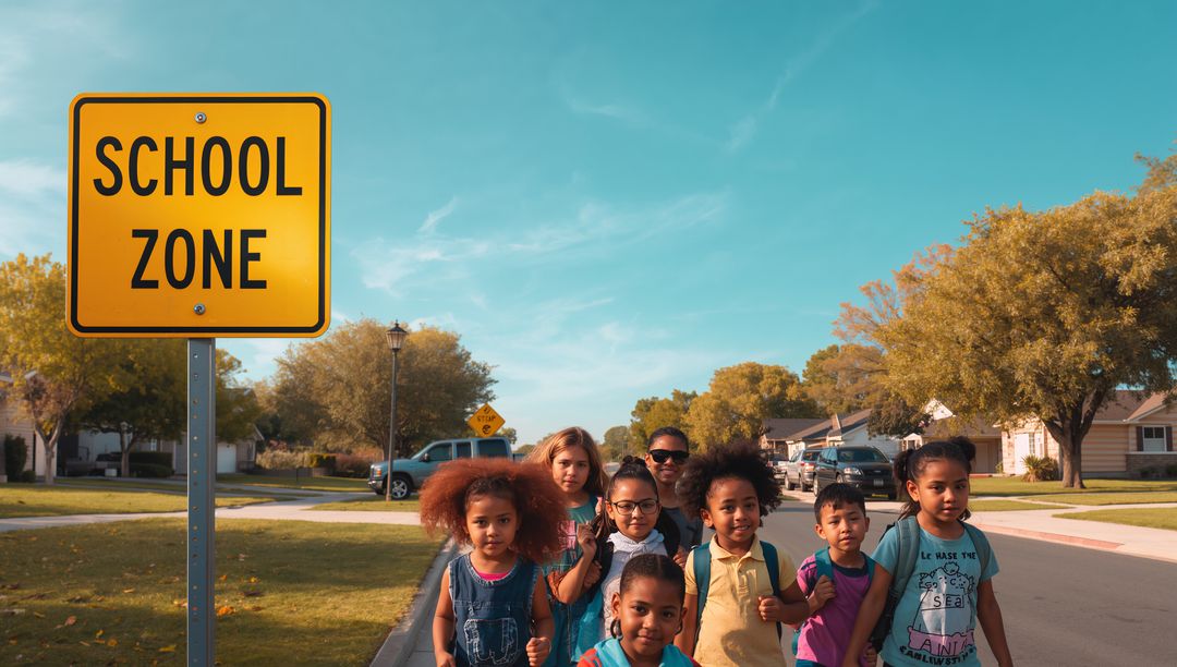 Walking to school on suburban sidewalk under bright SCHOOL ZONE sign with diverse students