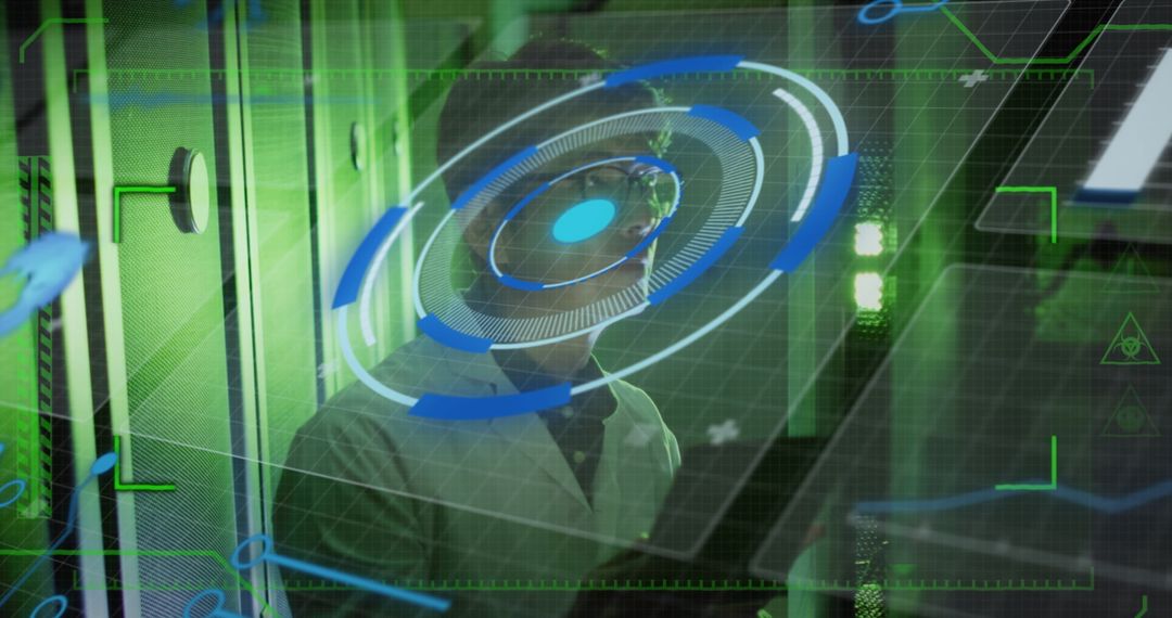 Digital Interface Mapping Data Over Server Room Technician