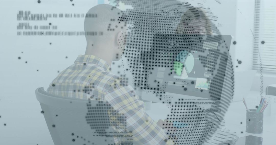 Programmer Engaged with Digital Globe and Code Overlay