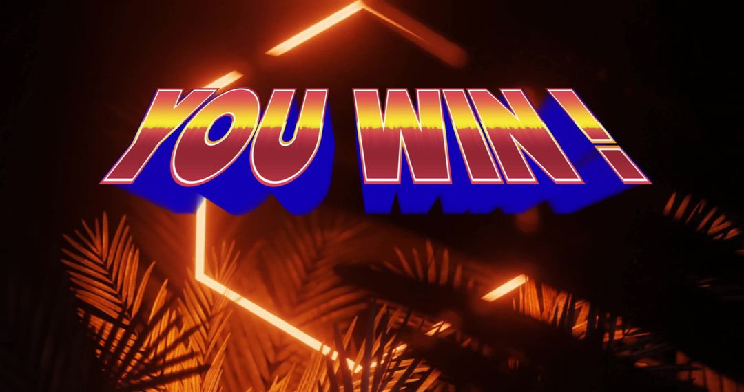 Futuristic Neon YOU WIN! Text on Dark Digital Scene with Palm Decor