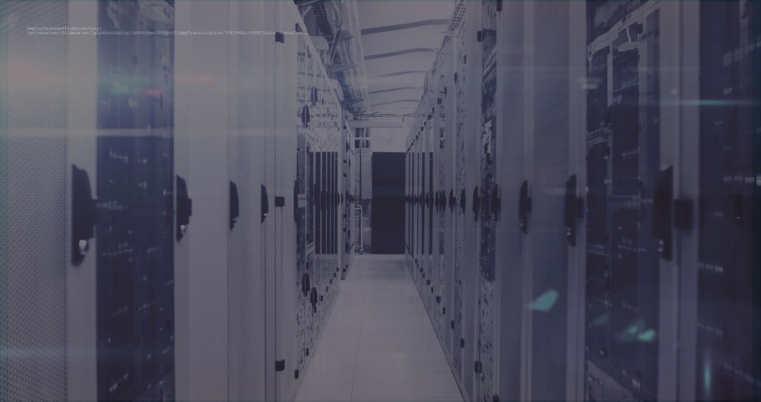 Data Center Hallway with Server Racks and Digital Overlay