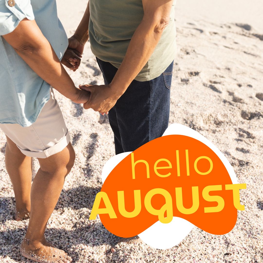 Biracial Couple Holding Hands at Beach Celebrating August