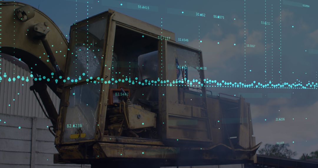 Excavator on Construction Site with Digital Data and Analytics Overlay