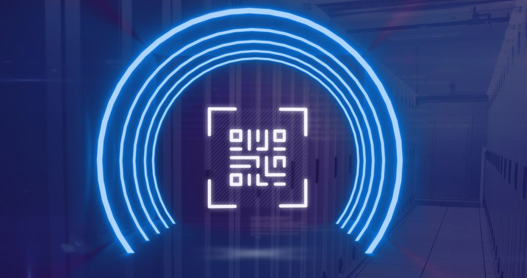 Neon QR Code Scanner in Data Center Highlighting Cyber Security