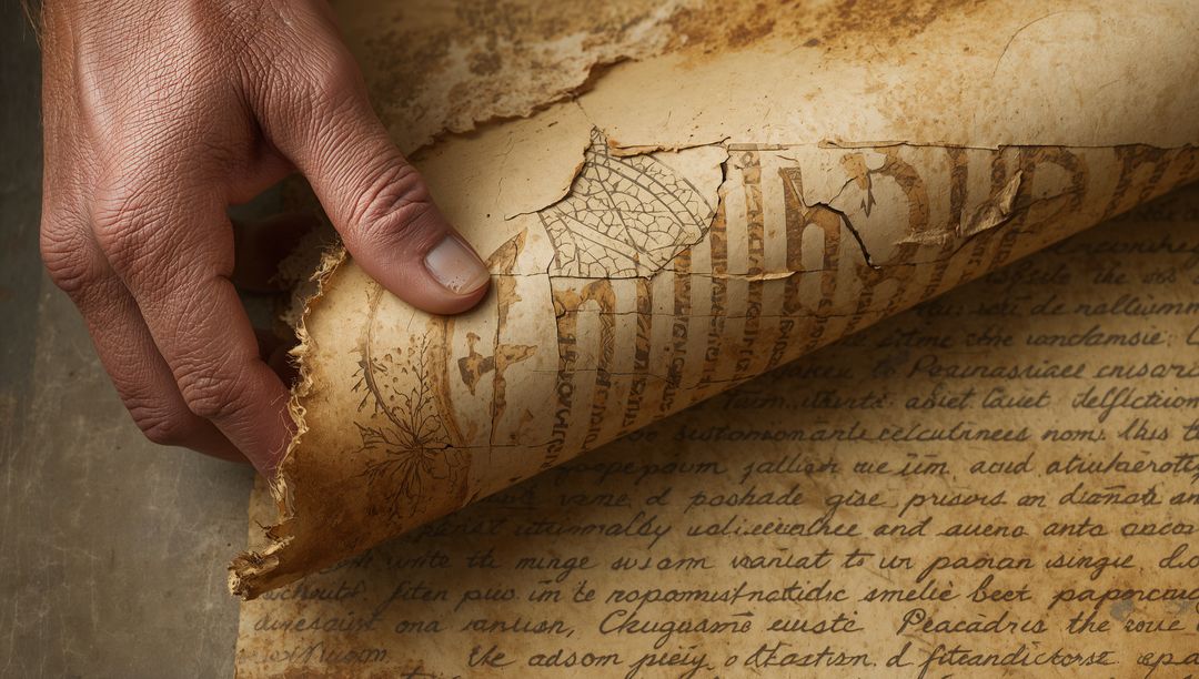Archivist lifting torn parchment revealing ornate manuscript and cursive vellum scroll