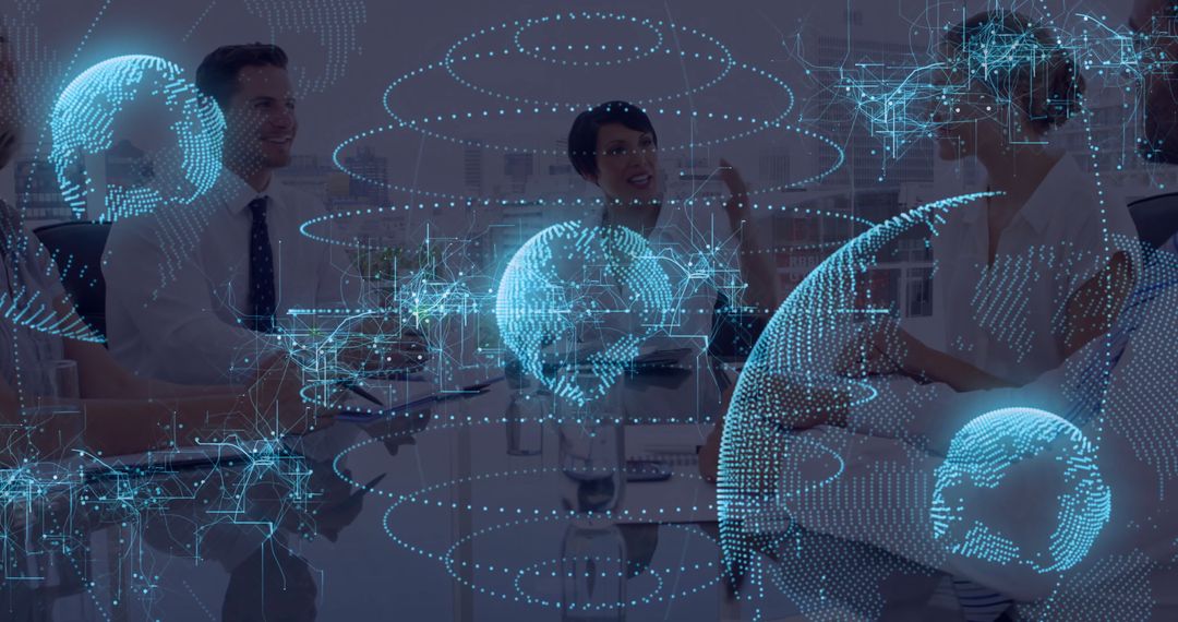 Diverse Team Collaborating with Futuristic Holographic Globe Display