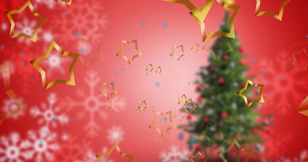 Golden Christmas Stars with Festive Tree on Red Background