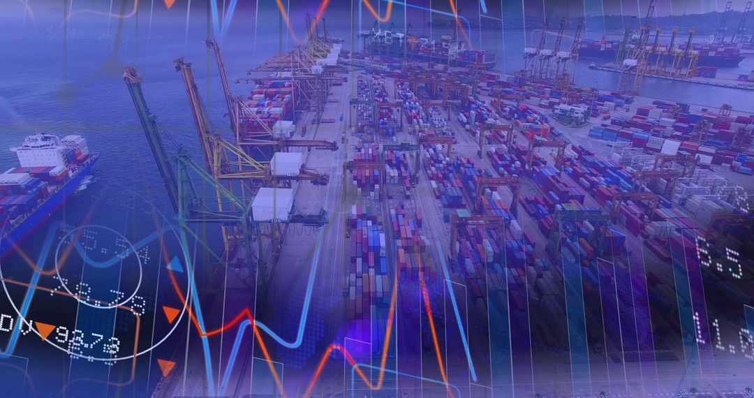 Aerial View of Seaport with Data Overlay Illustrating Trade Trends