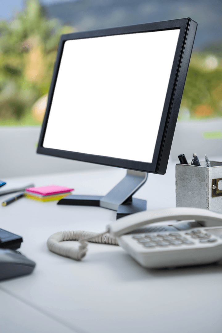 Transparent Office Desk with Computer and Phone
