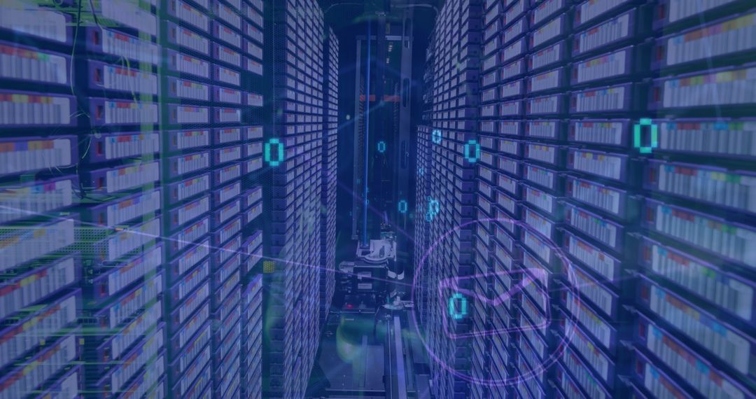 Futuristic Network Server Room with Binary Code Overlay