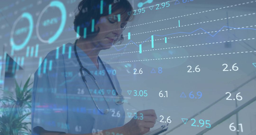 Healthcare Professional Analyzing Data with Financial Technology Overlay