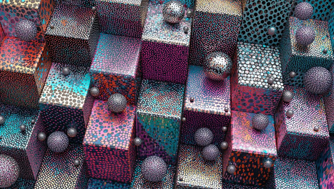 Patterned cubic grid featuring dotted faces, iridescent gradients and metallic spheres