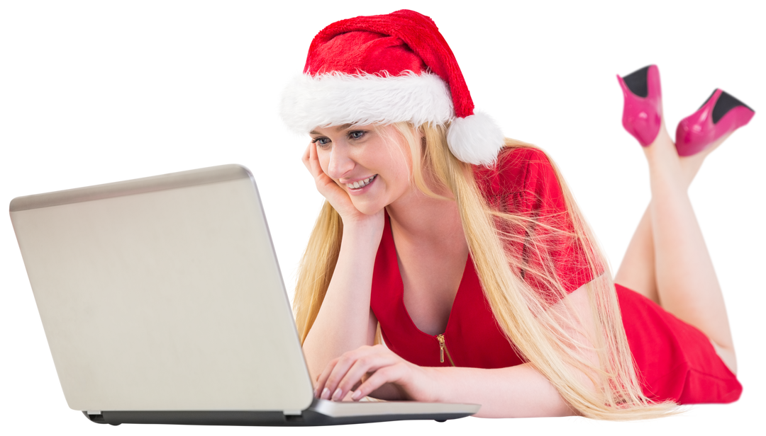 Transparent festive blonde woman using laptop in Santa hat for Christmas shopping tips - Download Free Stock Images Pikwizard.com