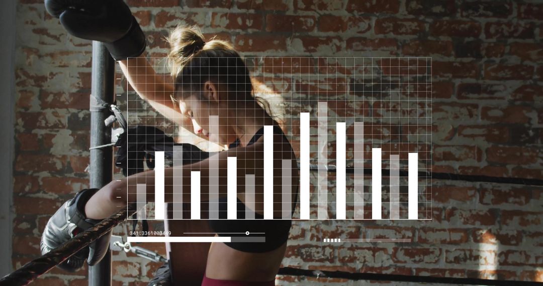 Female Boxer Resting with Data Visualization Overlay in Gym Corner