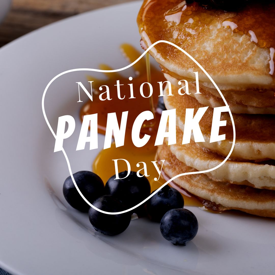 National Pancake Day Celebration with Pancakes, Blueberries, and Syrup - Download Free Stock Templates Pikwizard.com