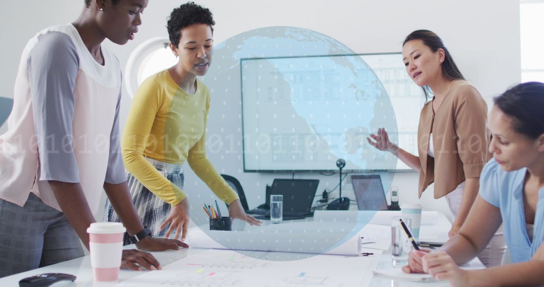 Diverse Team Collaborating on Global Strategy with Digital Interface