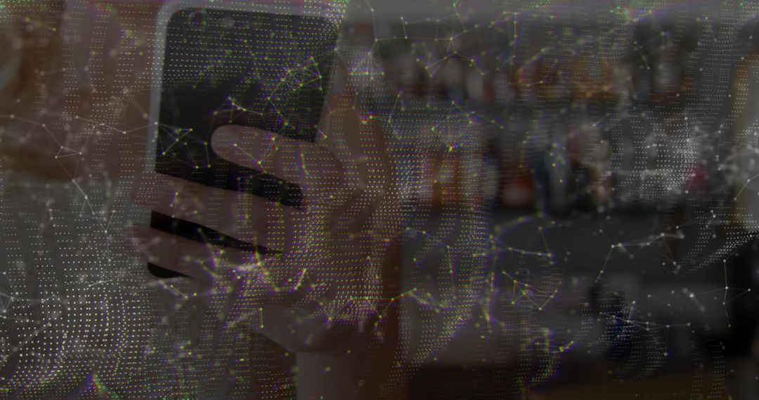 Hand Holding Smartphone in Bar with Digital Network Overlay