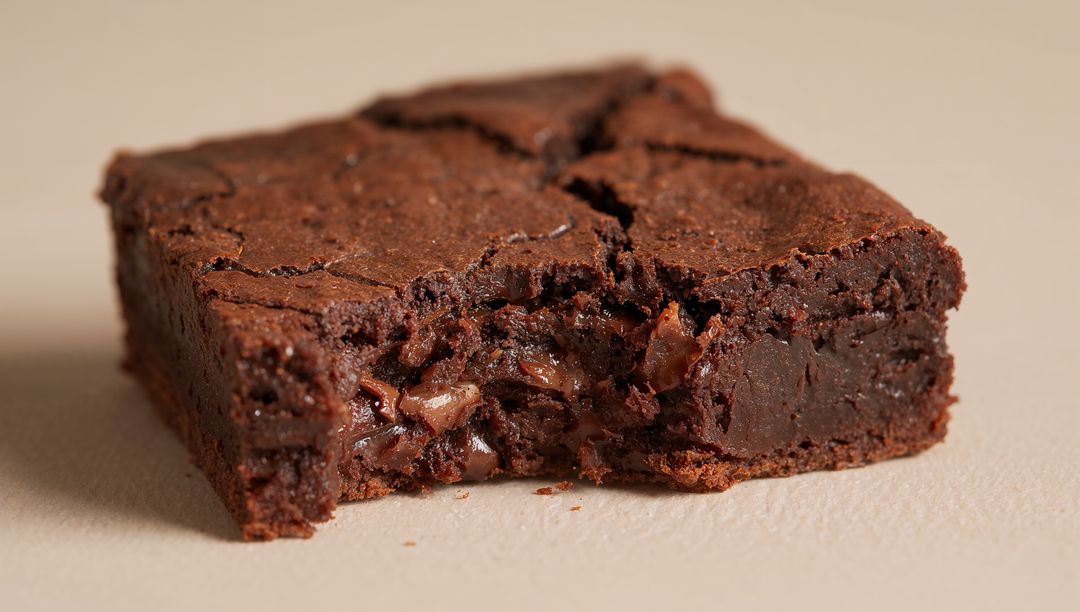 Fudgy chocolate brownie revealing gooey center and cracked crust with chocolate chunks