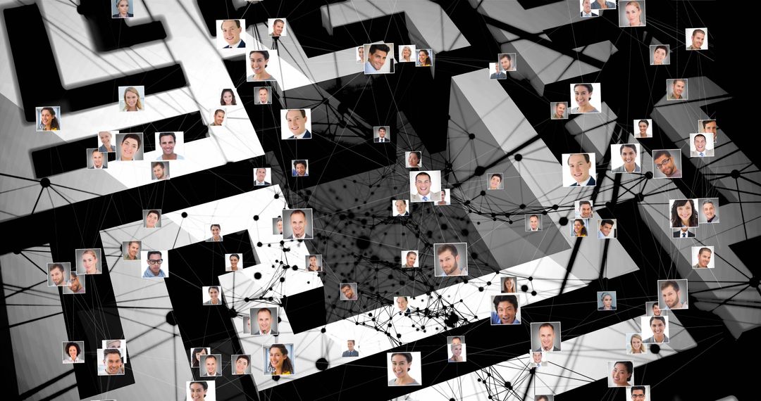 Image of network of connections with photos and data processing over maze - Free Images, Stock Photos and Pictures on Pikwizard.com