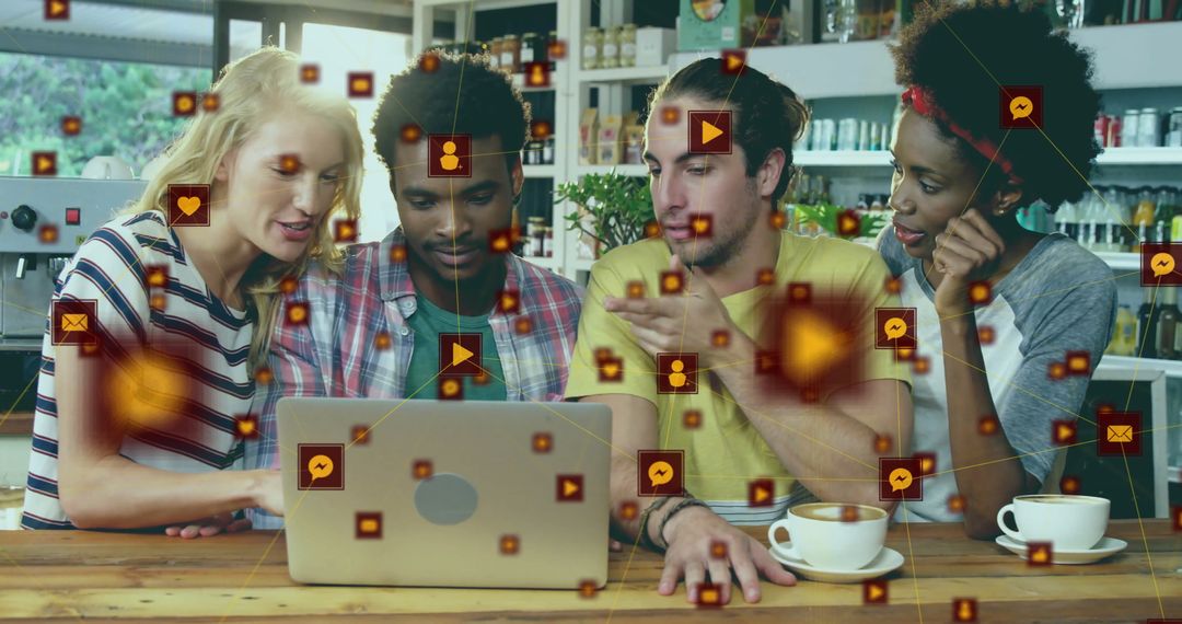 Diverse Colleagues Collaborating with Digital Media Icons