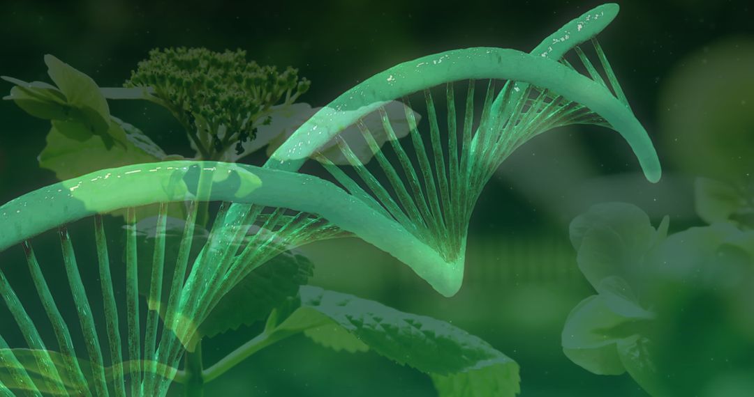 3D DNA Strand Overlay with Lush Green Foliage Background