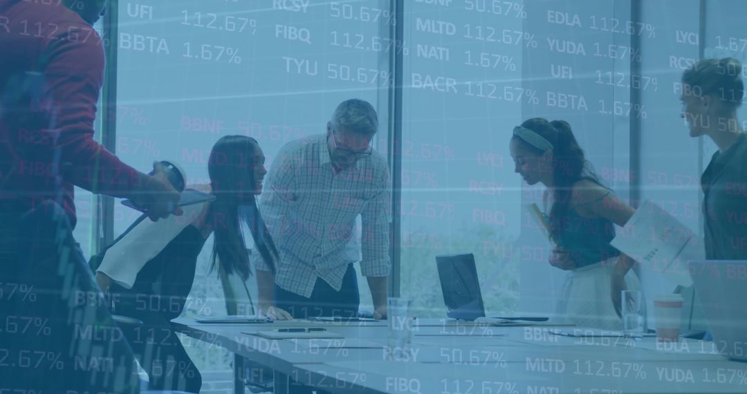 Financial Data Overlay on Diverse Corporate Team Discussion in Office