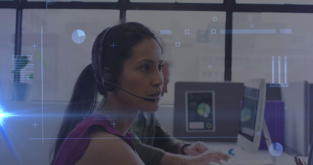 Businesswoman Engaged in Virtual Data Processing with Headset