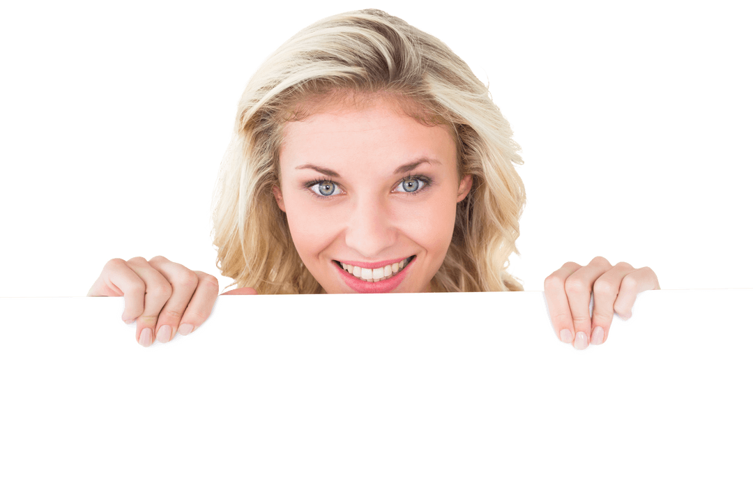 Smiling Blonde Woman Holding Blank Poster with Transparent Background