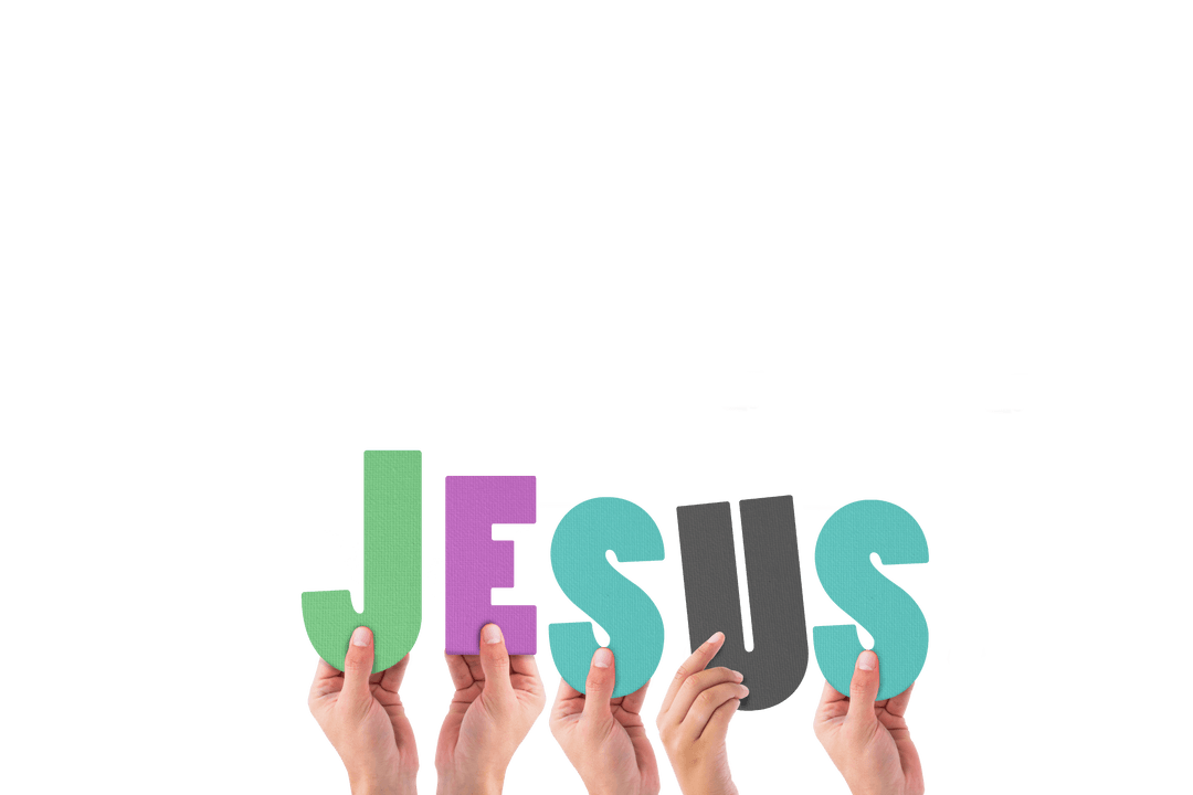 Transparent Diverse Hands Holding Colorful Jesus Letters Inspiration