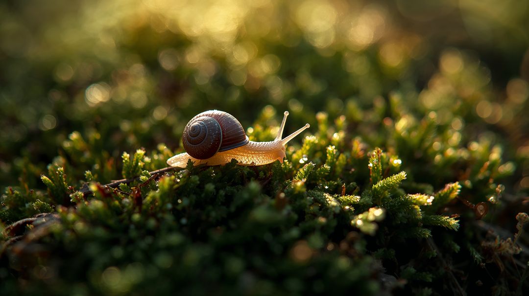 Crawling tiny snail on dew-kissed moss with golden backlight and spiral shell detail