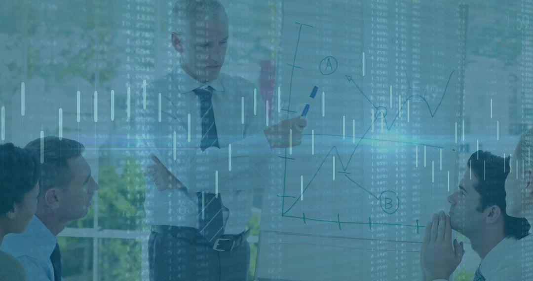 Corporate Presenter Explaining Stock Charts on Flipchart with Team and Data Overlay