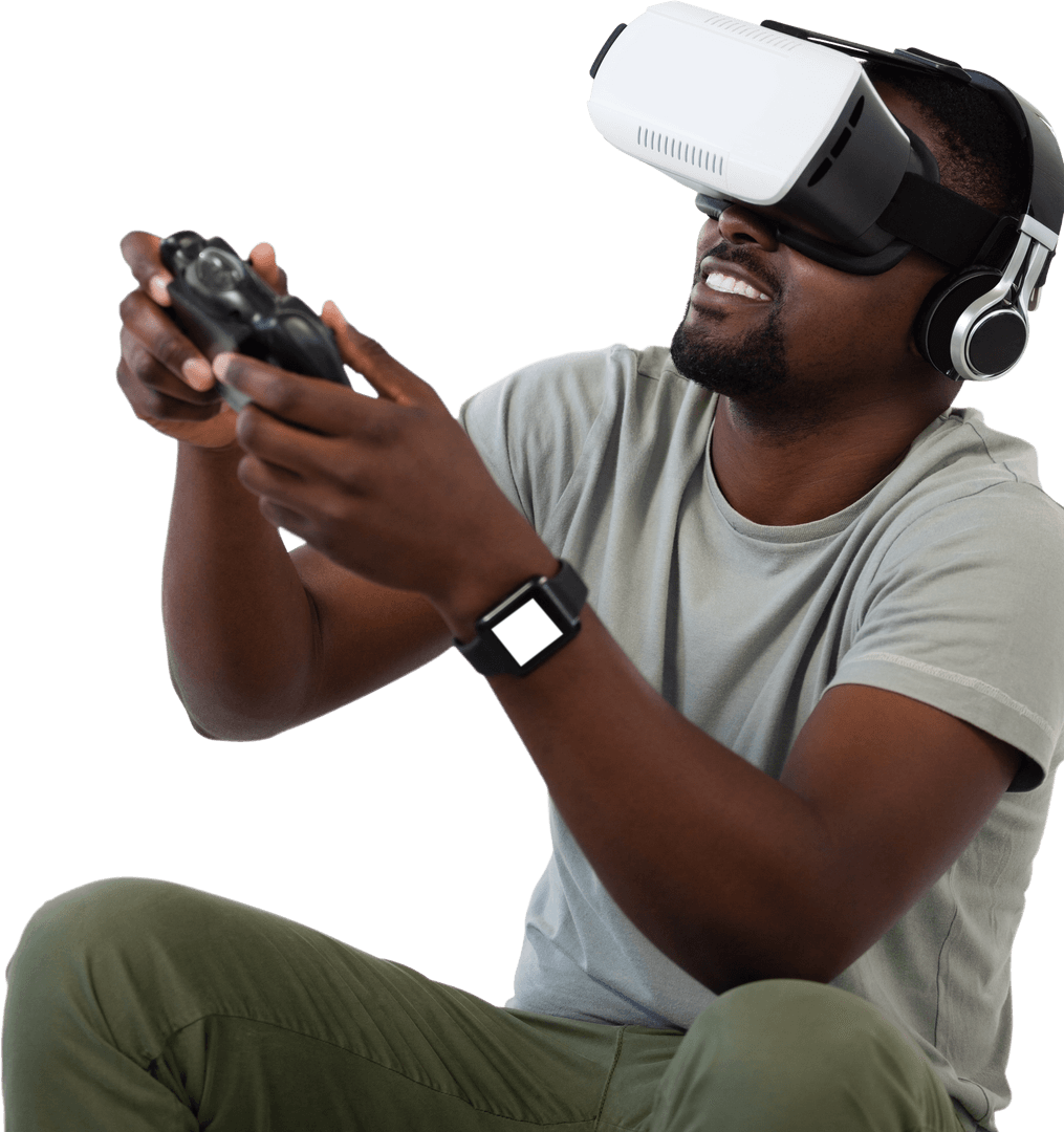 Man Gaming with VR Headset and Controller on Transparent Background