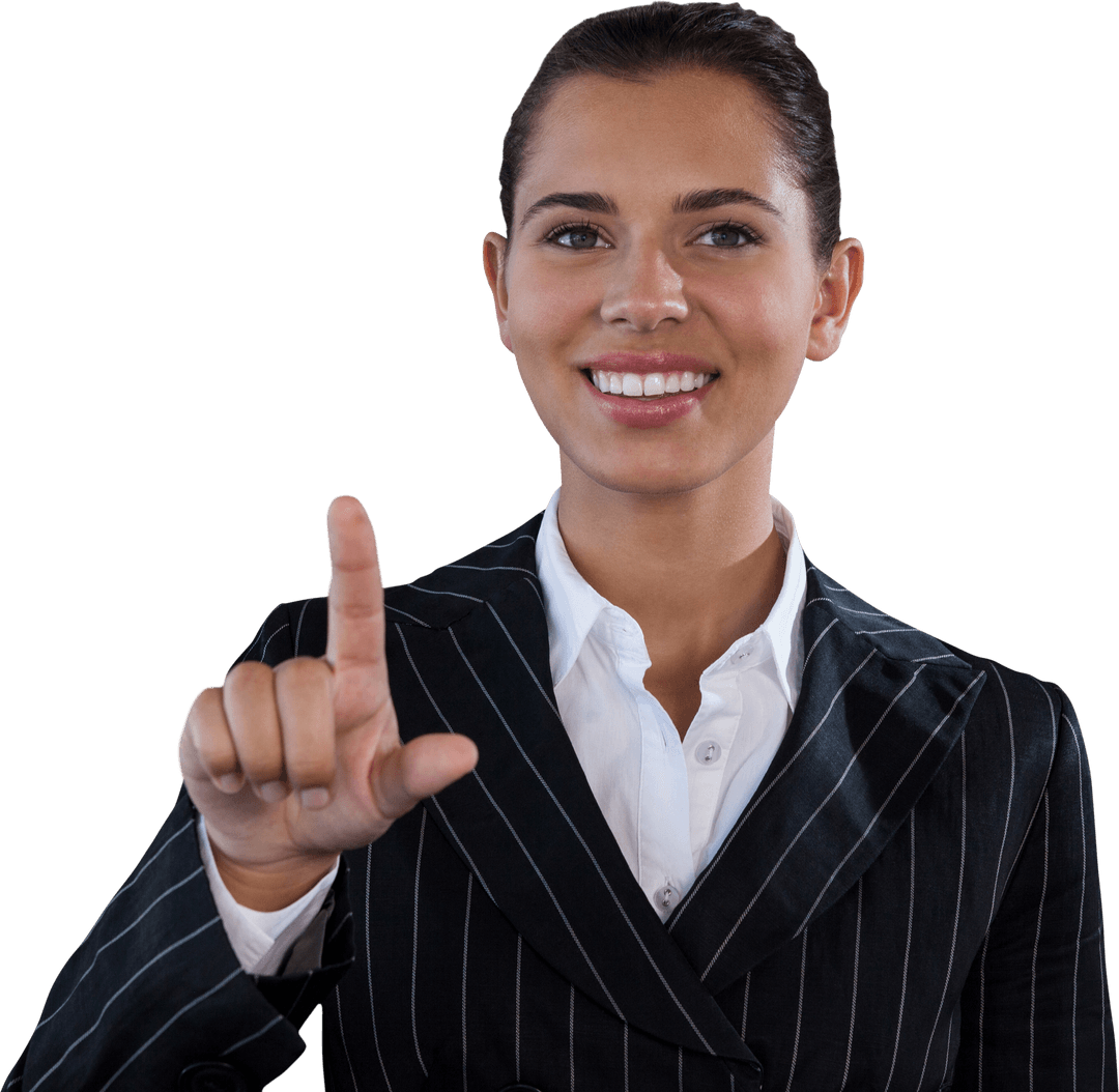 Transparent Smiling Businesswoman in Pinstripe Suit Touching Interface