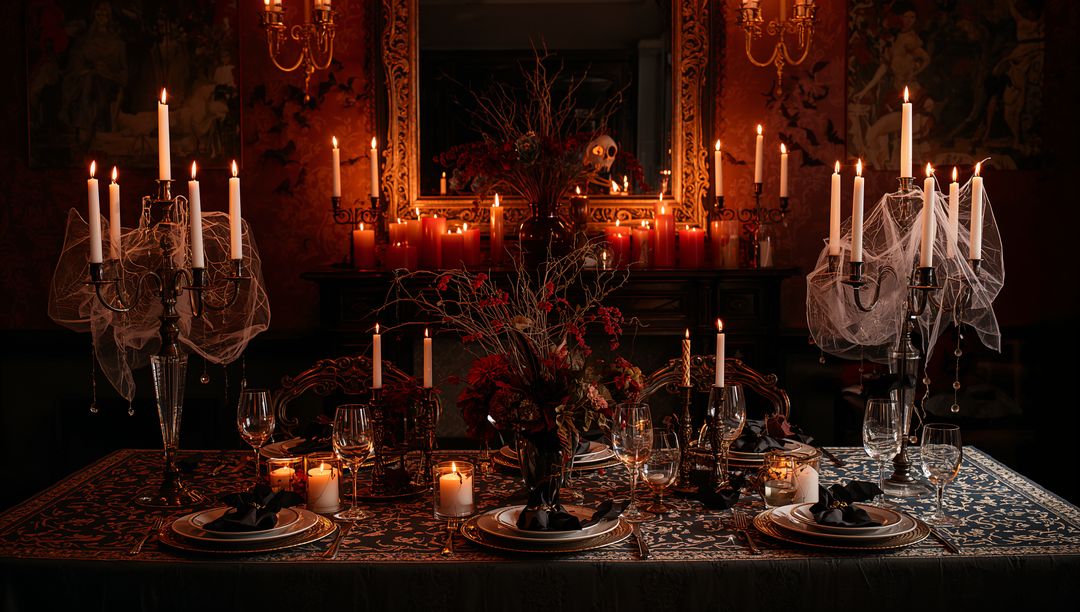 Luxurious Gothic Dining Room with Red Blooms and Skull Decor