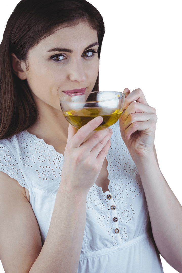 Woman Enjoying Herbal Green Tea with Transparent Background