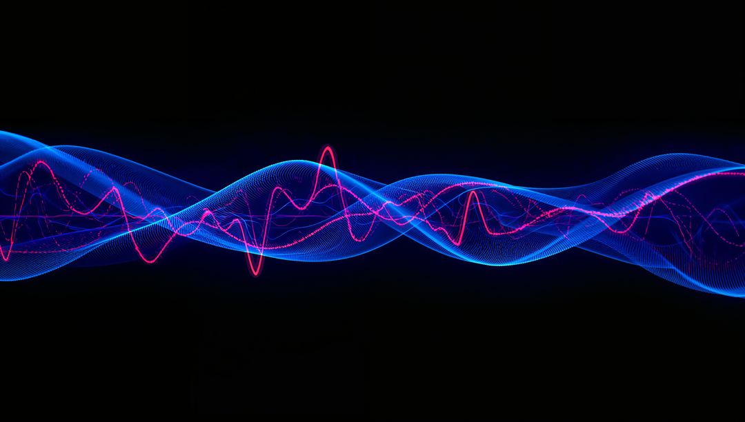 Flowing Blue Mesh Ribbons and Magenta Neon Waveform on Black for Audio Tech and Data Visualization