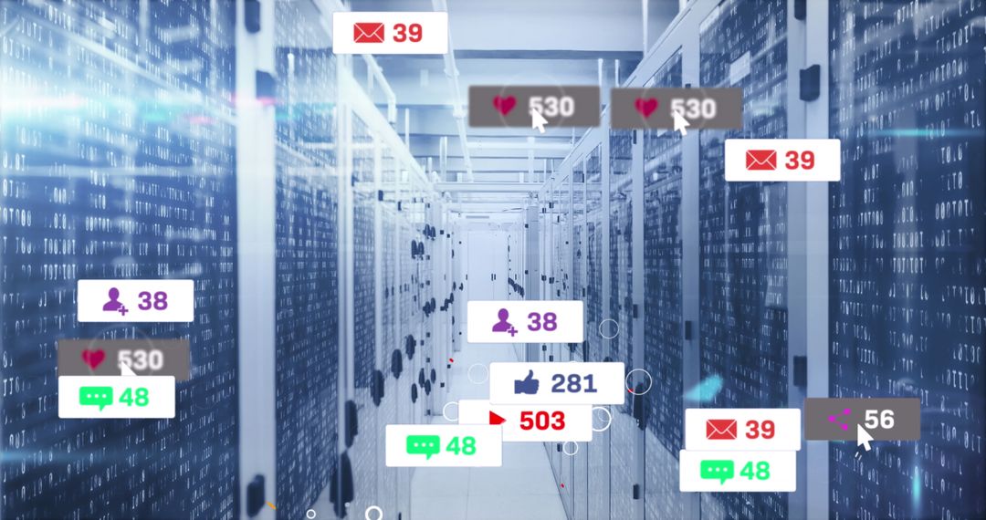 Digital Networking Inside Server Room with Social Media Icons