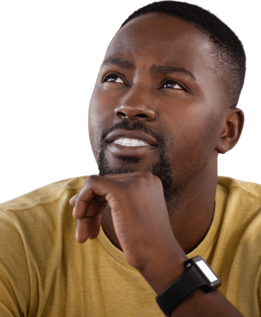 Thoughtful African Man in Yellow Shirt on Transparent Background