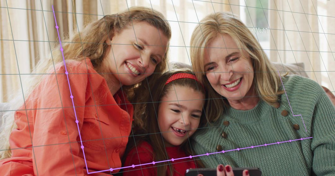Multigenerational family sharing smartphone moment on cozy sofa with purple data overlay