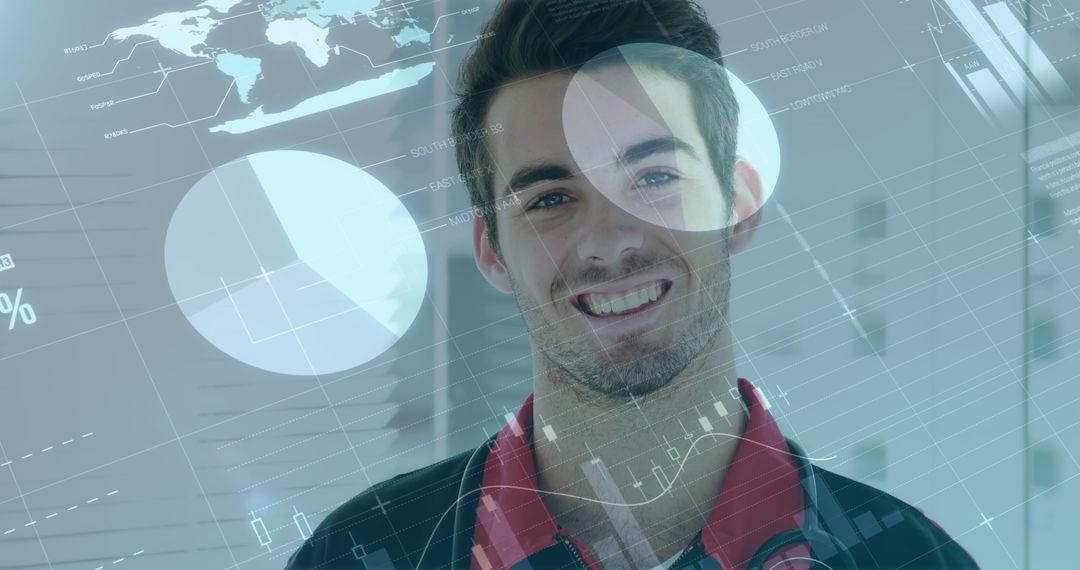 Smiling Caucasian Paramedic with Global Digital Overlay Concept